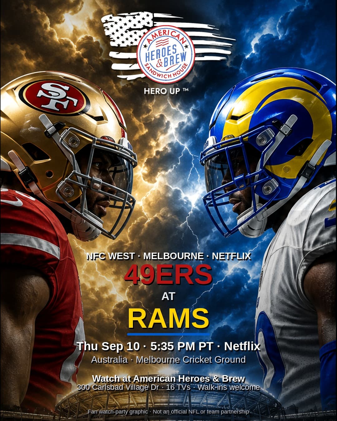 49ers at Rams watch party at American Heroes & Brew — Thu Sep 10 · 5:35 PM PT · Netflix