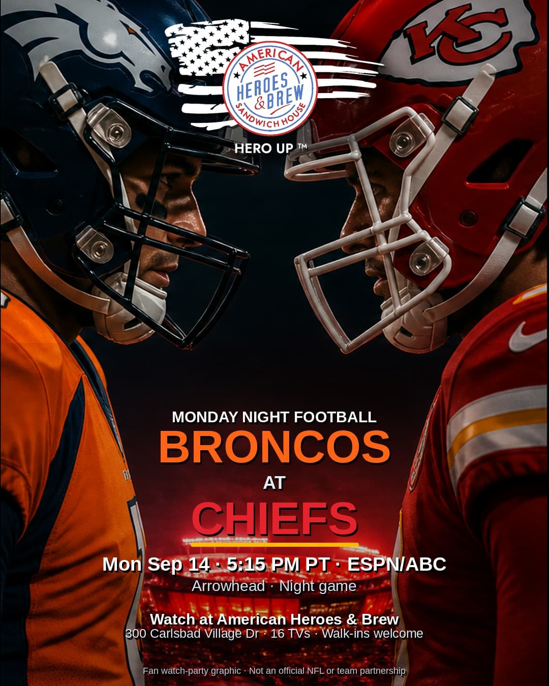 Broncos at Chiefs watch party at American Heroes & Brew — Mon Sep 14 · 5:15 PM PT · ESPN/ABC