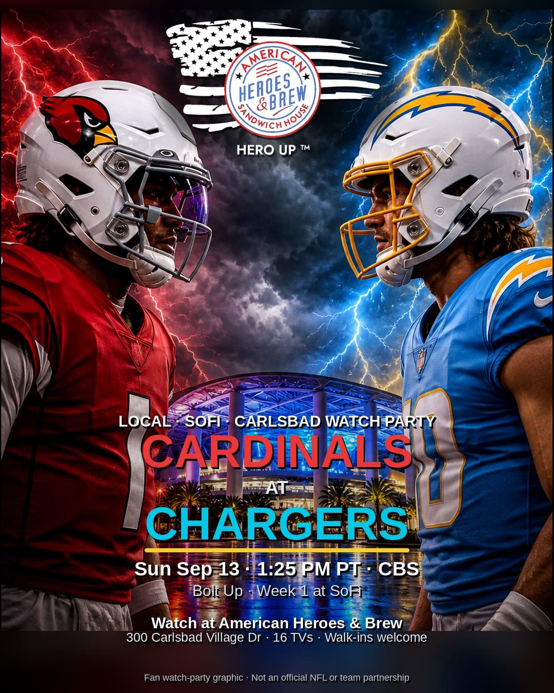 Cardinals at Chargers local watch party poster
