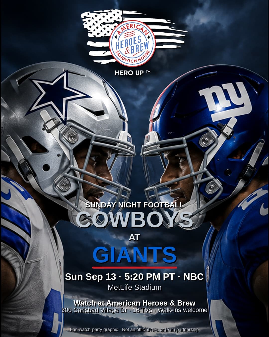 Cowboys at Giants watch party at American Heroes & Brew — Sun Sep 13 · 5:20 PM PT · NBC