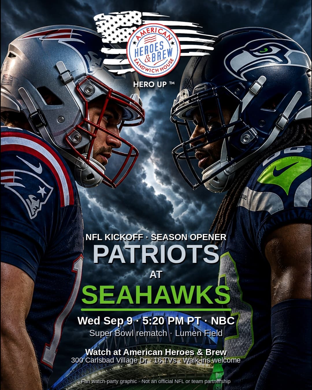 Patriots at Seahawks watch party at American Heroes & Brew — Wed Sep 9 · 5:20 PM PT · NBC