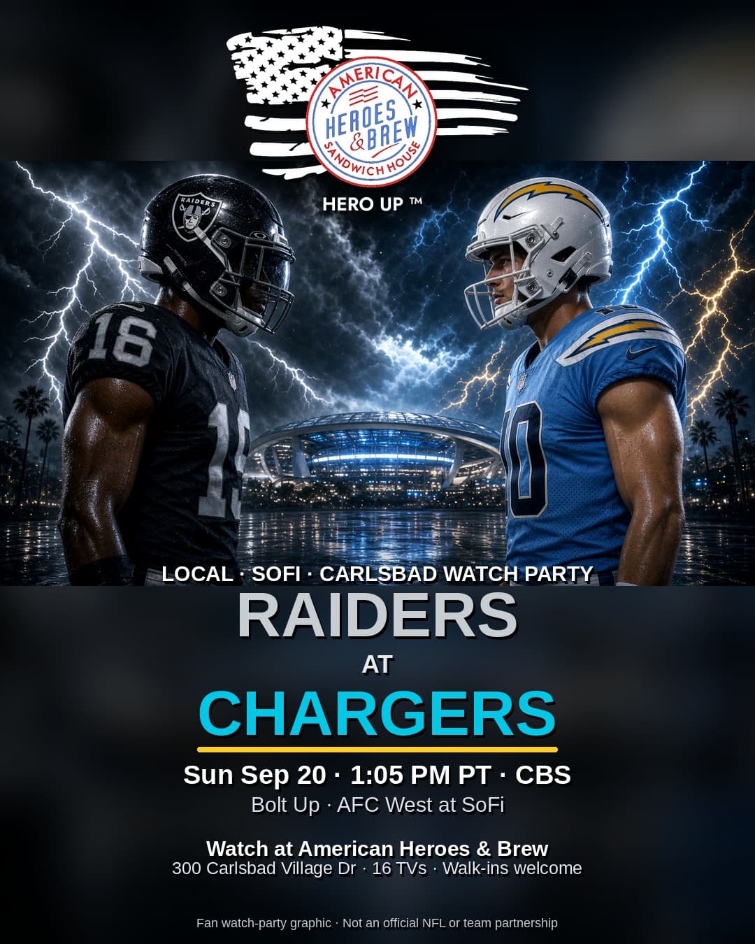 Raiders at Chargers local watch party poster