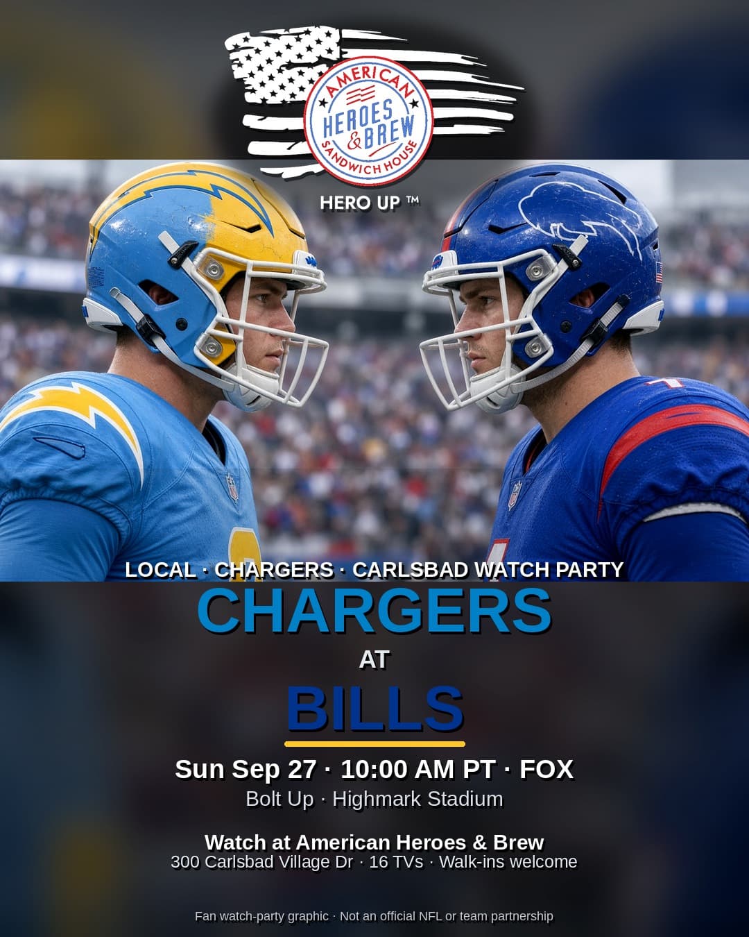 Chargers at Bills local watch party poster