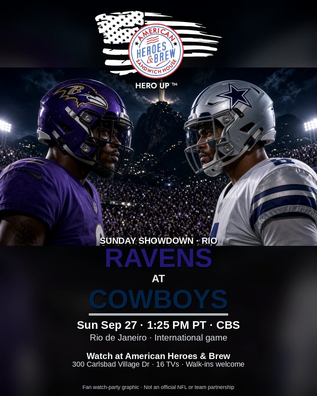 Ravens at Cowboys watch party at American Heroes & Brew — Sun Sep 27 · 1:25 PM PT · CBS