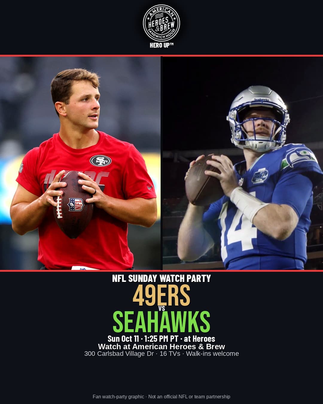 49ers at Seahawks watch party at American Heroes & Brew — Sun Oct 11 · 1:25 PM PT · FOX