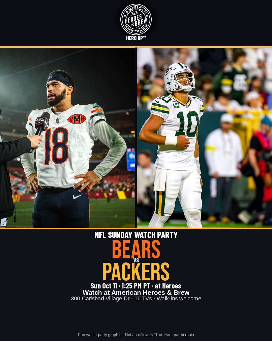 Bears at Packers watch party at American Heroes & Brew — Sun Oct 11 · 1:25 PM PT · FOX