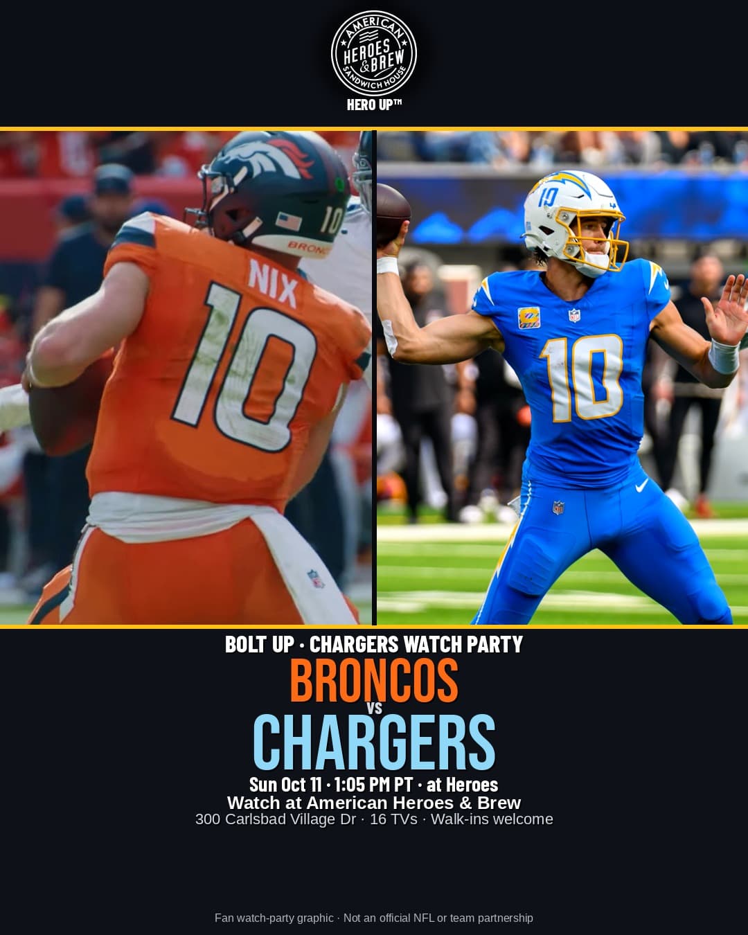 Broncos at Chargers local watch party poster