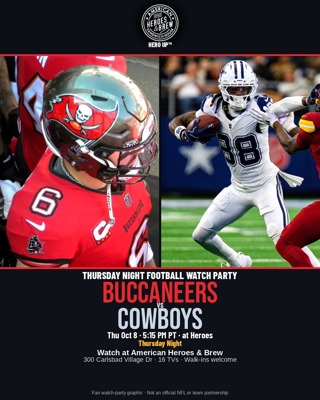Buccaneers at Cowboys watch party at American Heroes & Brew — Thu Oct 8 · 5:15 PM PT · Prime