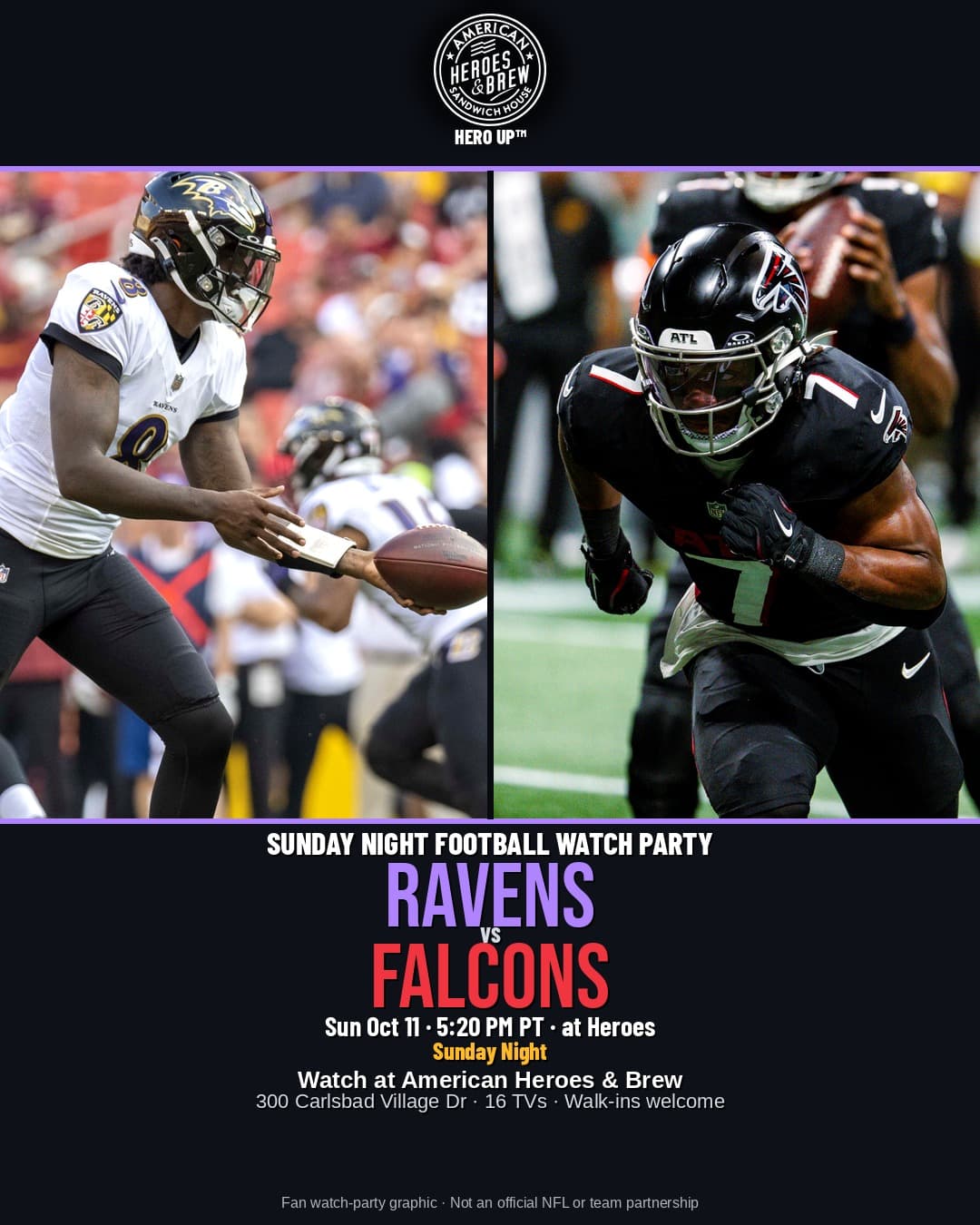 Ravens at Falcons watch party at American Heroes & Brew — Sun Oct 11 · 5:20 PM PT · NBC