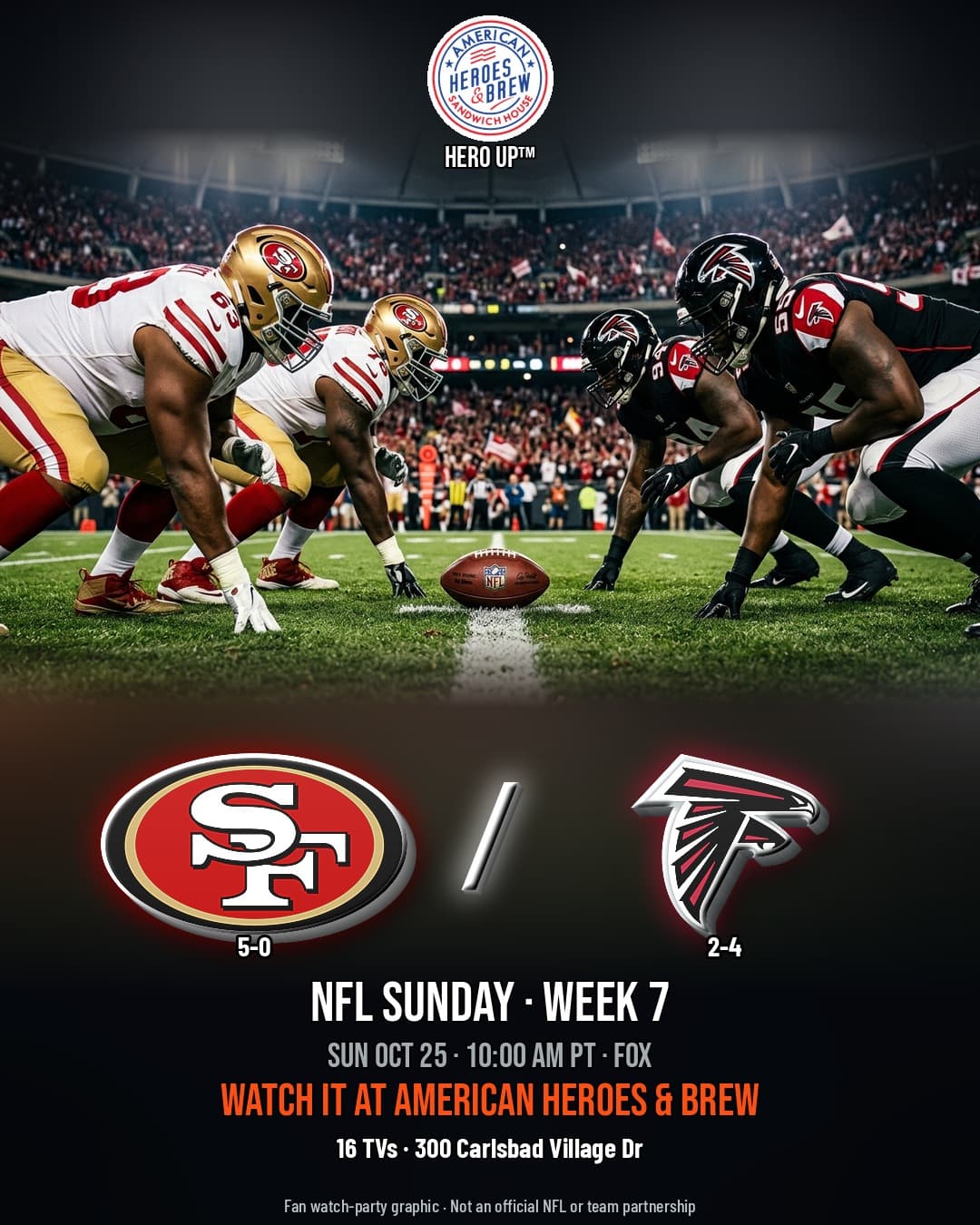 49ers at Falcons watch party at American Heroes & Brew — Sun Oct 25 · 10:00 AM PT · FOX