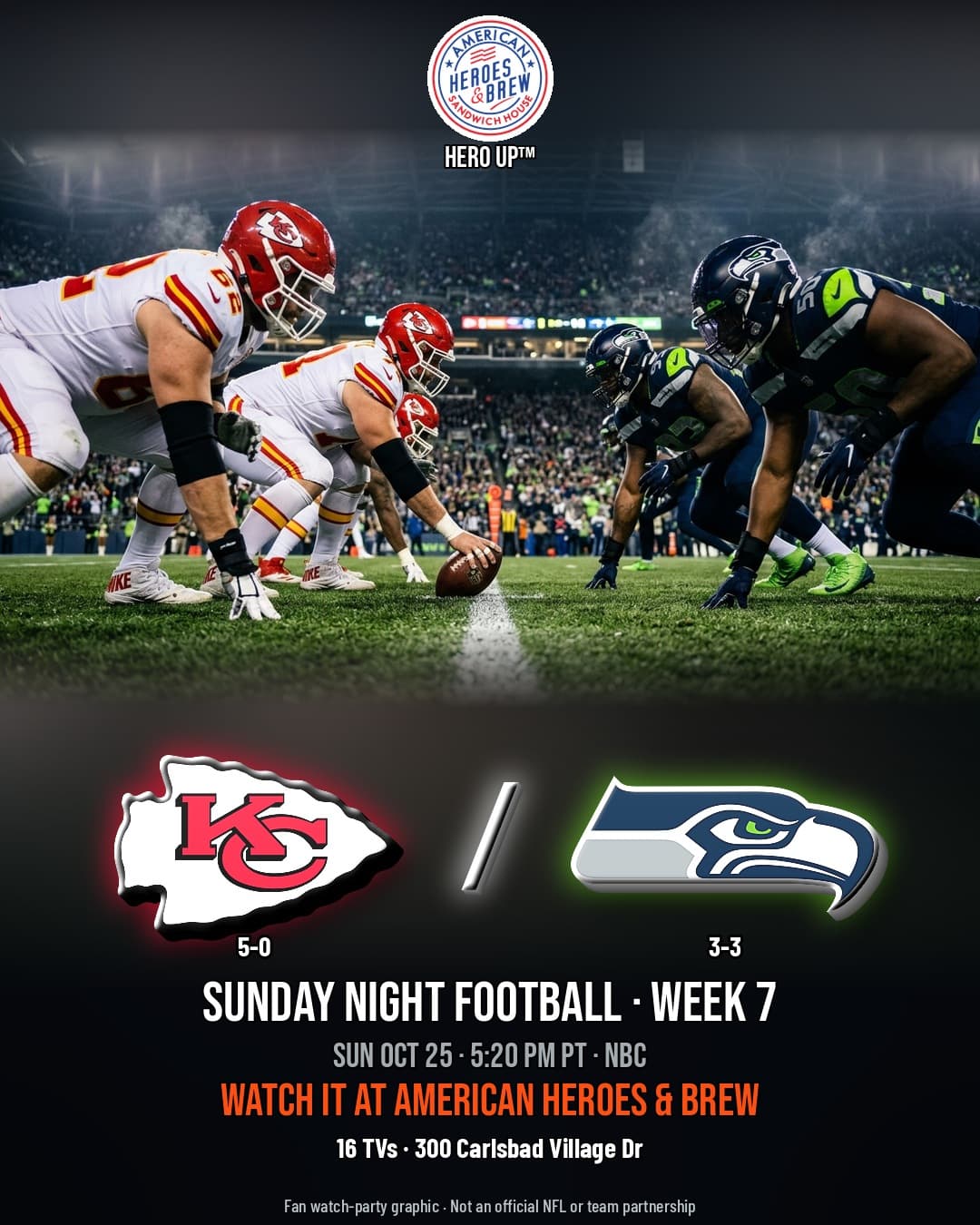 Chiefs at Seahawks watch party at American Heroes & Brew — Sun Oct 25 · 5:20 PM PT · NBC