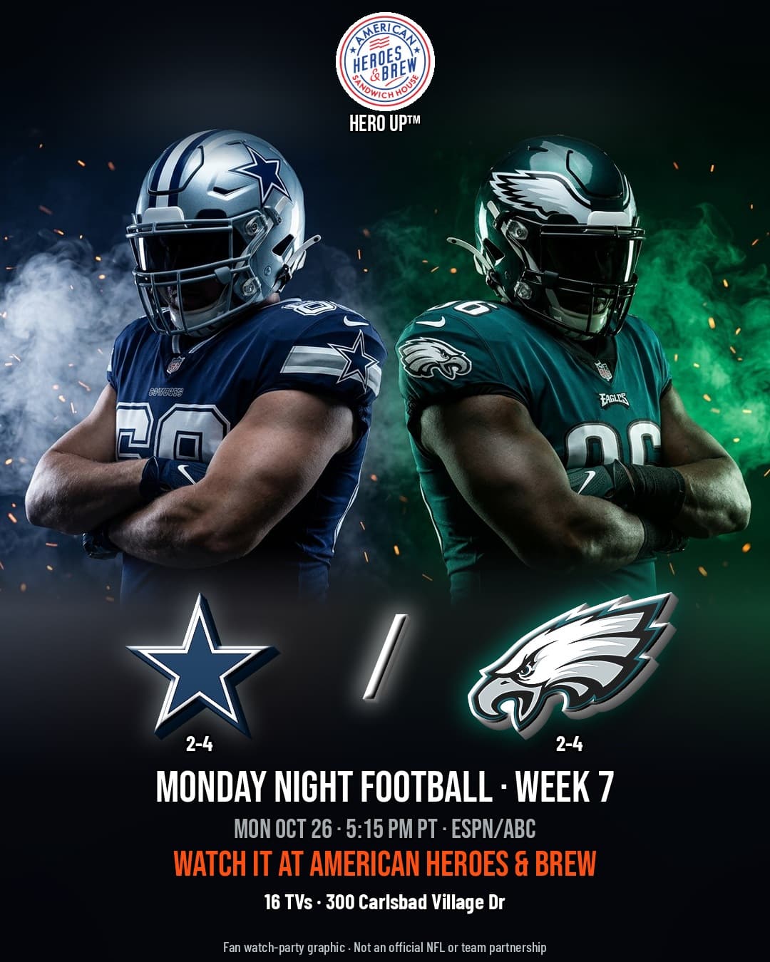 Cowboys at Eagles watch party at American Heroes & Brew — Mon Oct 26 · 5:15 PM PT · ESPN/ABC