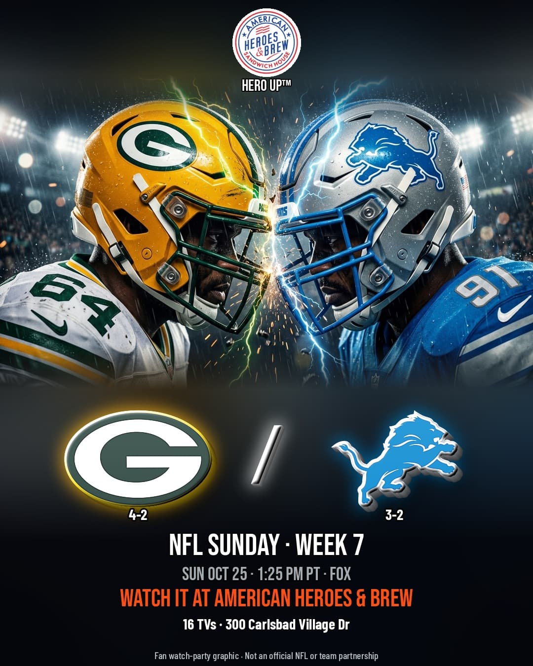 Packers at Lions watch party at American Heroes & Brew — Sun Oct 25 · 1:25 PM PT · FOX