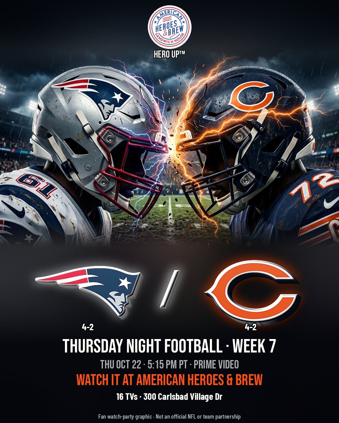 Patriots at Bears watch party at American Heroes & Brew — Thu Oct 22 · 5:15 PM PT · Prime