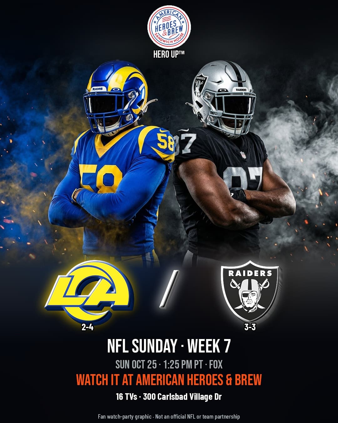 Rams at Raiders local watch party poster