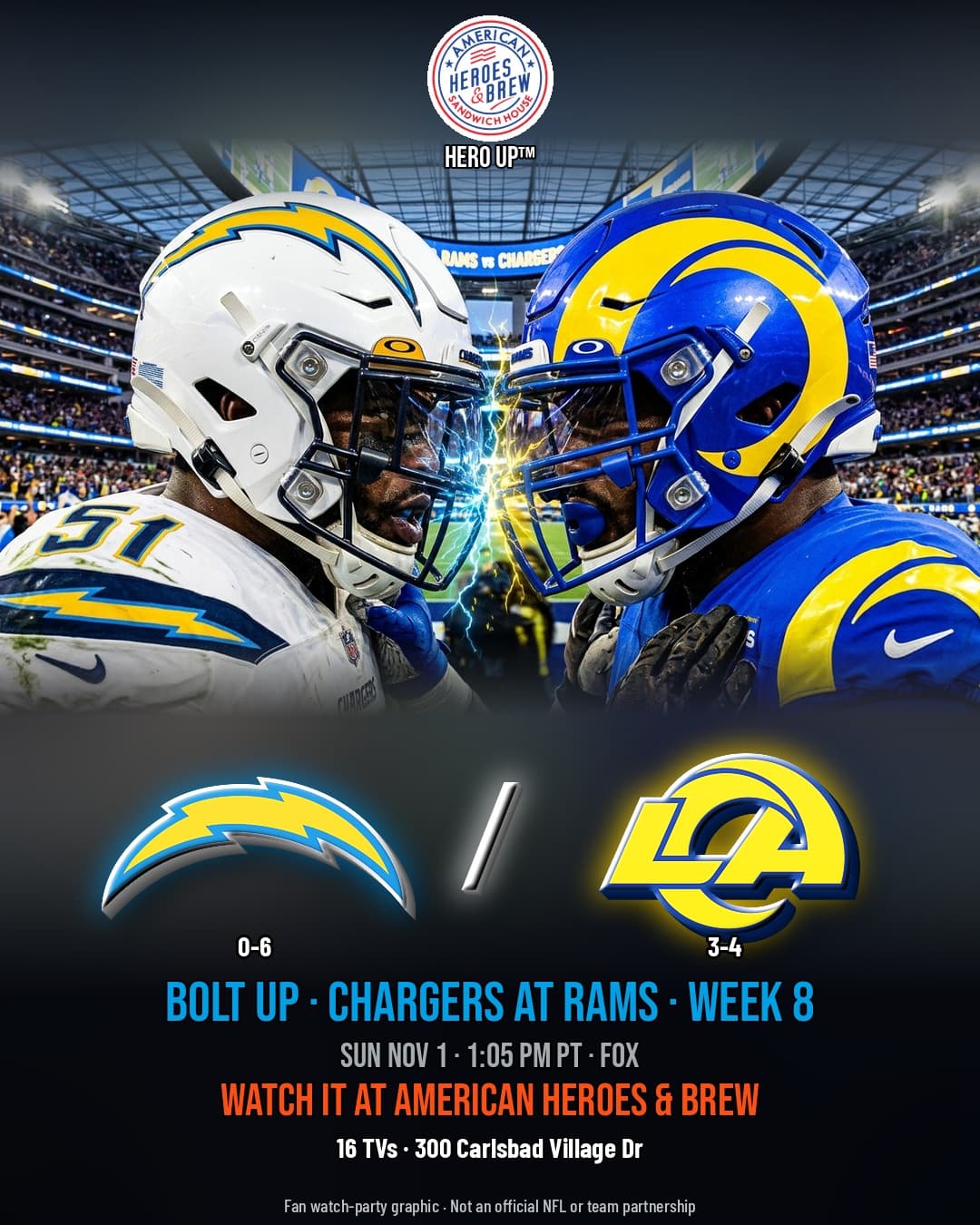 Chargers at Rams local watch party poster